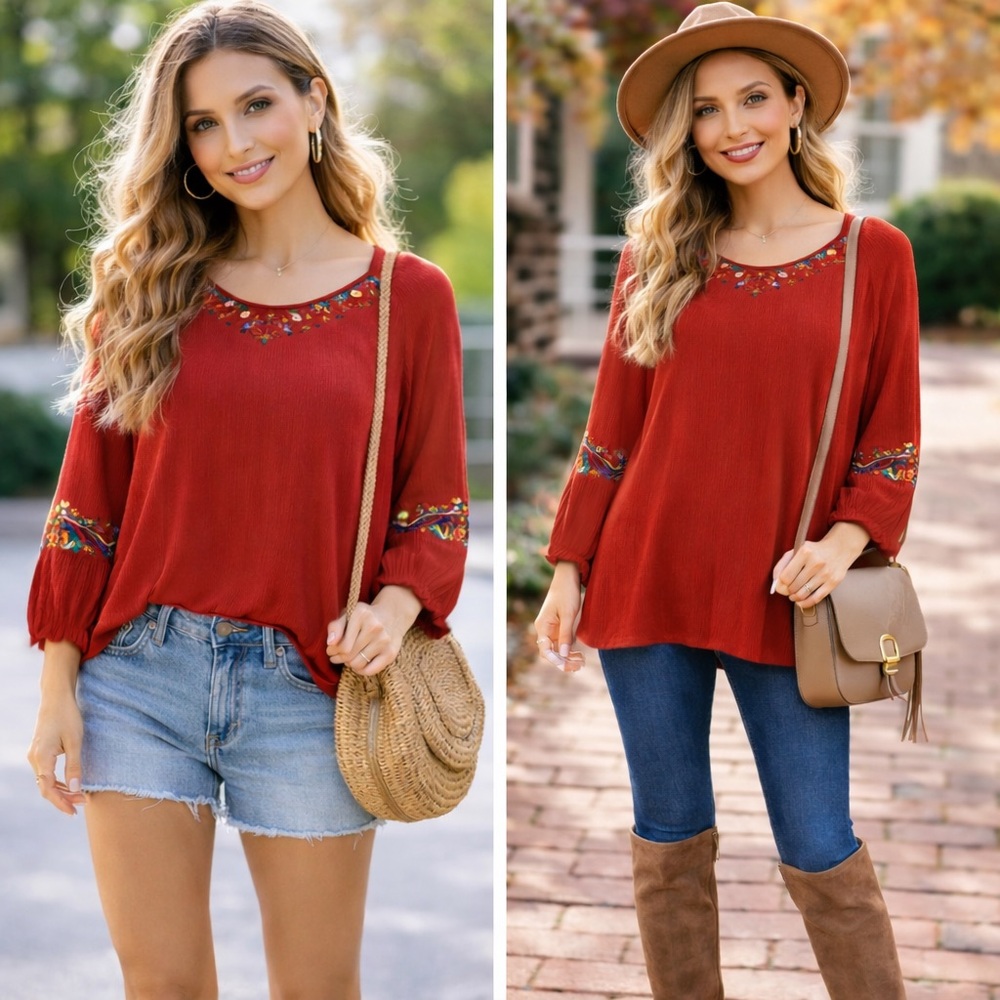 Altar'd State Red Embroidered Tunic